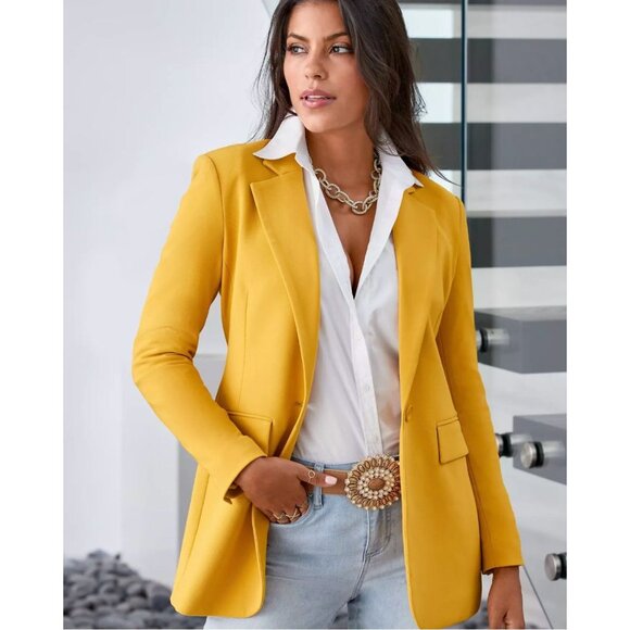 Size 10 $120.00 BOSTON PROPER Beyond Travel Gold Classic Boyfriend Blazer Jacket - Picture 1 of 14